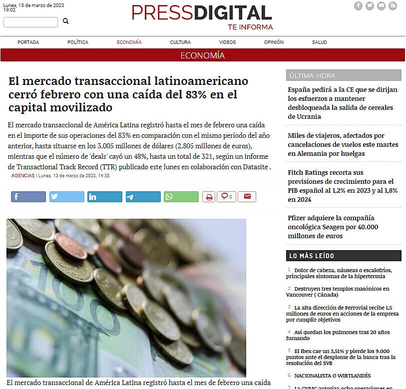 El mercado transaccional latinoamericano cerr febrero con una cada del 83% en el capital movilizado